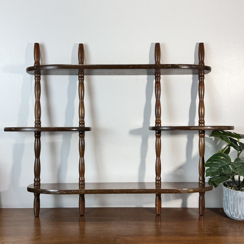 Vintage Dark Wood Spindle Wall Shelf Display Curio Bookshelf 3-Tier Accent Decor